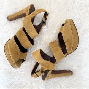 J. Crew Collins Suede Platform Peep Heel mustard cut outs